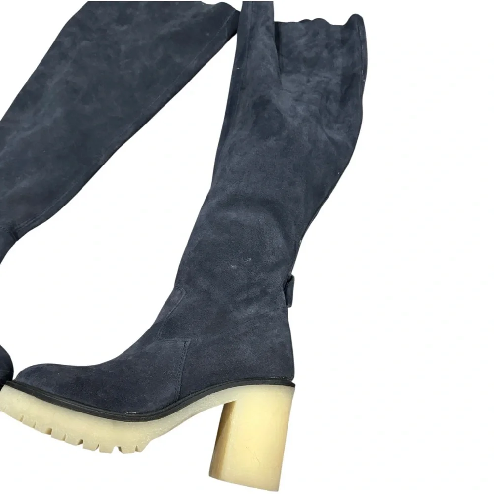 Free‎ People Suede Knee High Boots Jasper 37.5 Blue Block Heel